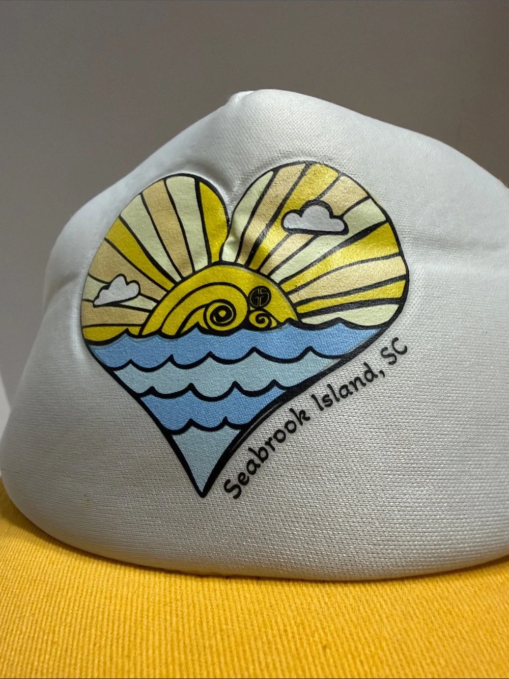 Kids Yellow & White Trucker Hat Seabrook Island, SC Sunrise Graphic
